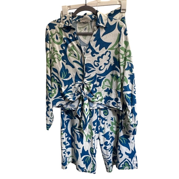 Christian Siriano Blue and Green Linen Matching Vacation Resortwear Set - Picture 3 of 12
